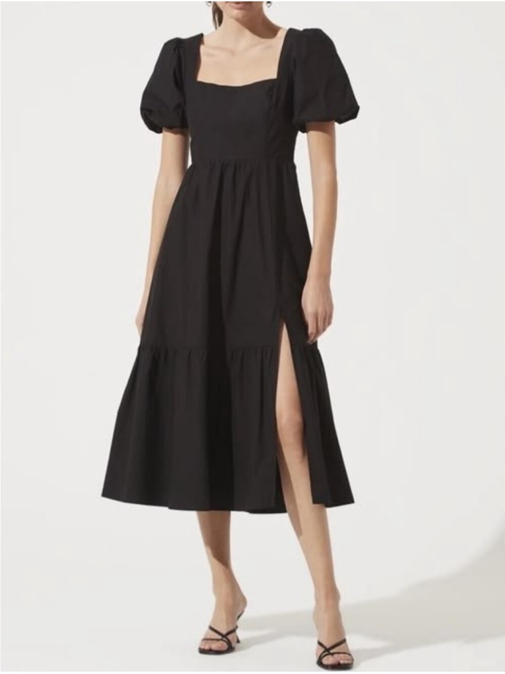 Women’s ASTR the Label Poplin Puff Sleeve Tiered Midi Dress Black Size M